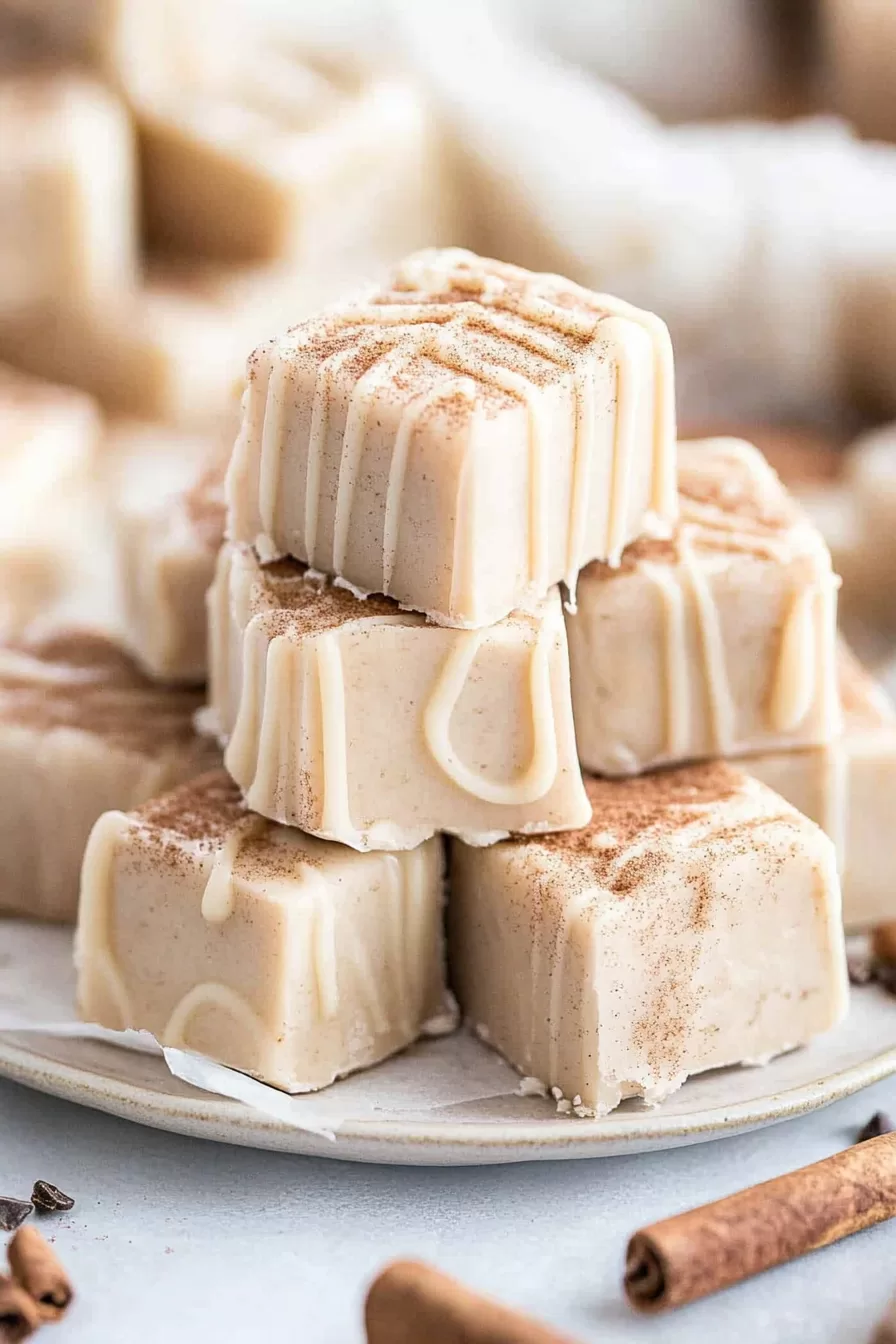 Rich, cinnamon-spiced fudge cubes layered on a plate, showcasing a velvety texture and icing drizzle.