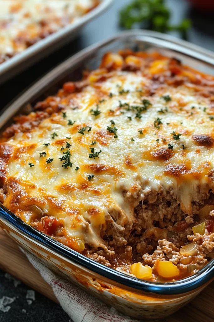 Close-up of a cheesy, bubbling casserole with layers of ground beef and vegetables topped with melted golden cheese.