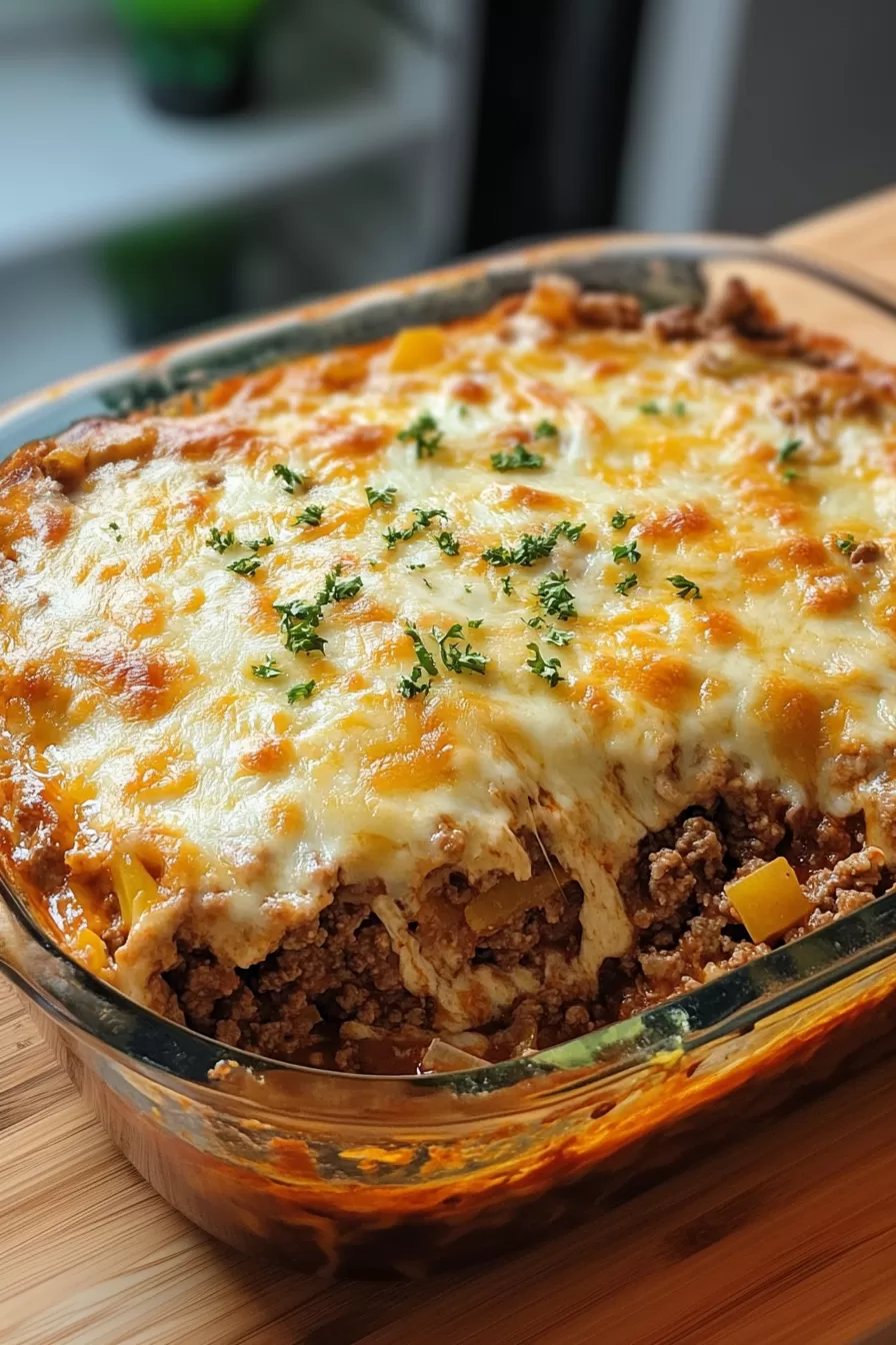 A hearty beef and cheese casserole topped with parsley, served straight from the oven.