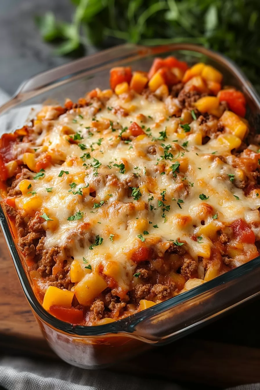 Freshly baked casserole in a glass dish, featuring gooey cheese and perfectly browned beef with colorful peppers.