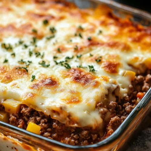 Cheesy and savory baked dish with ground beef, vegetables, and a golden layer of melted cheese in a glass casserole.