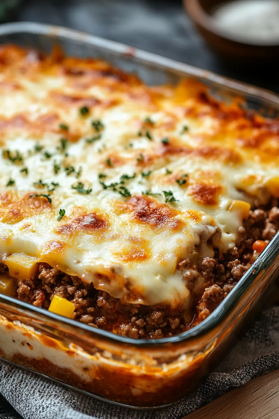 Cheesy and savory baked dish with ground beef, vegetables, and a golden layer of melted cheese in a glass casserole.