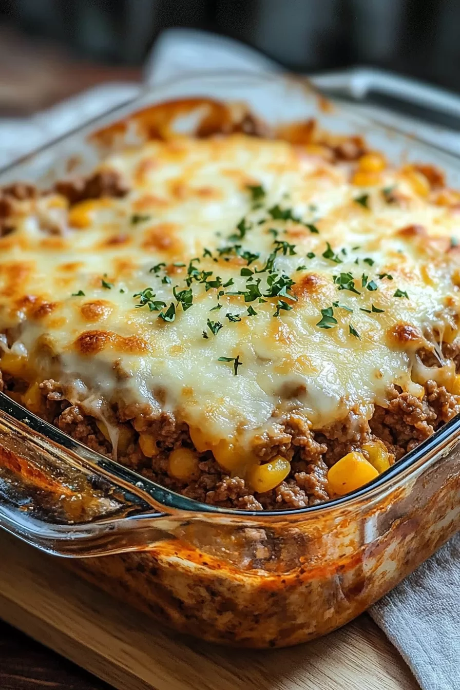 Side angle of a comforting beef casserole with rich tomato sauce, melted cheese, and herbs sprinkled on top