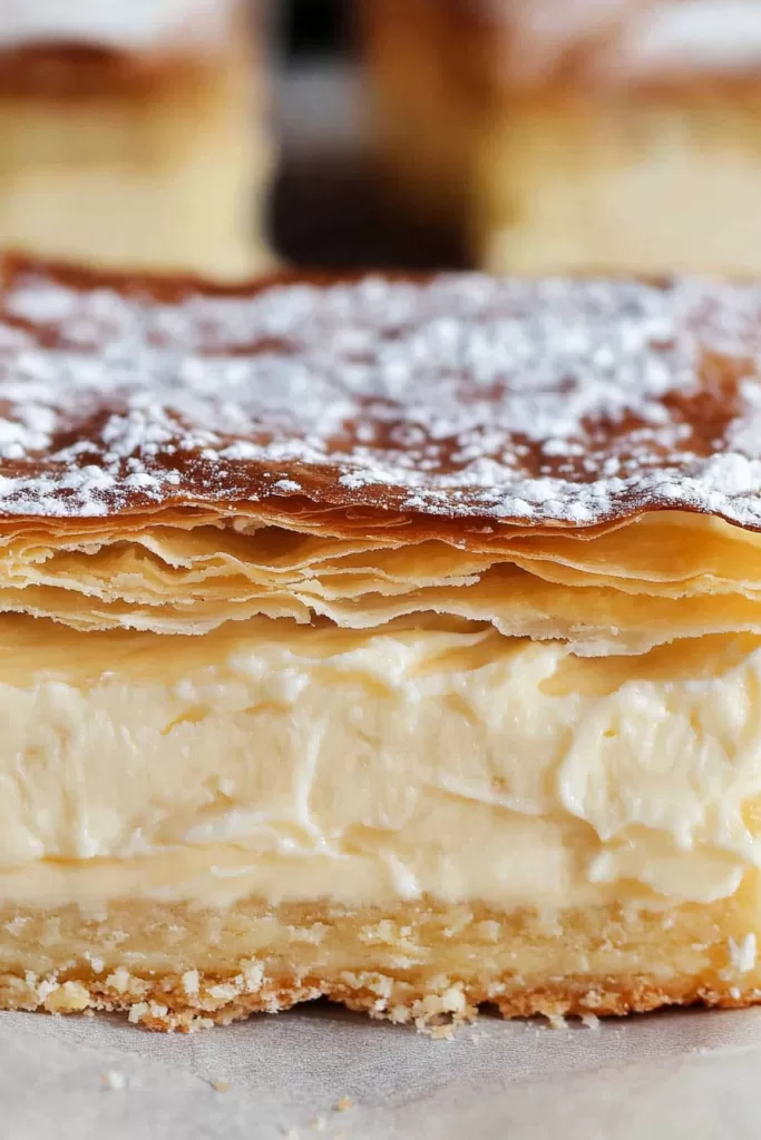 Close-up of a creamy vanilla slice with flaky pastry layers dusted with powdered sugar.