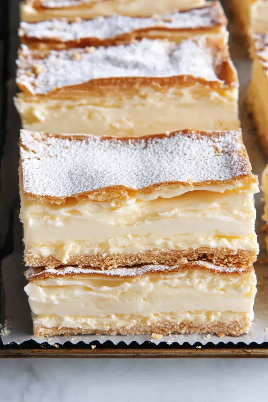 A tray of vanilla slices showcasing multiple flaky layers and rich custard filling.