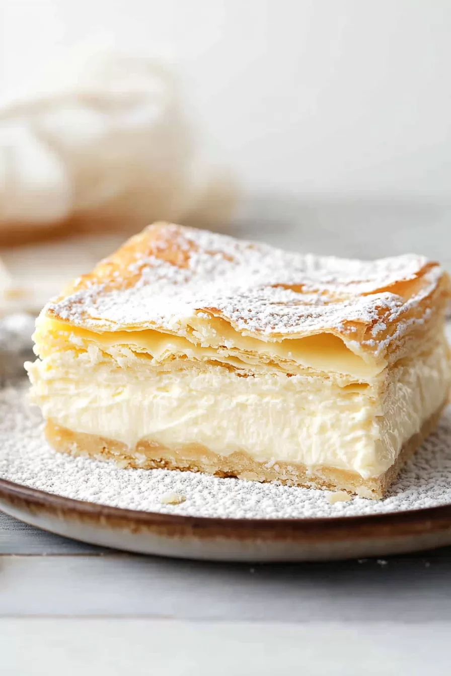 Side view of a classic vanilla slice highlighting its creamy custard and golden pastry layers.