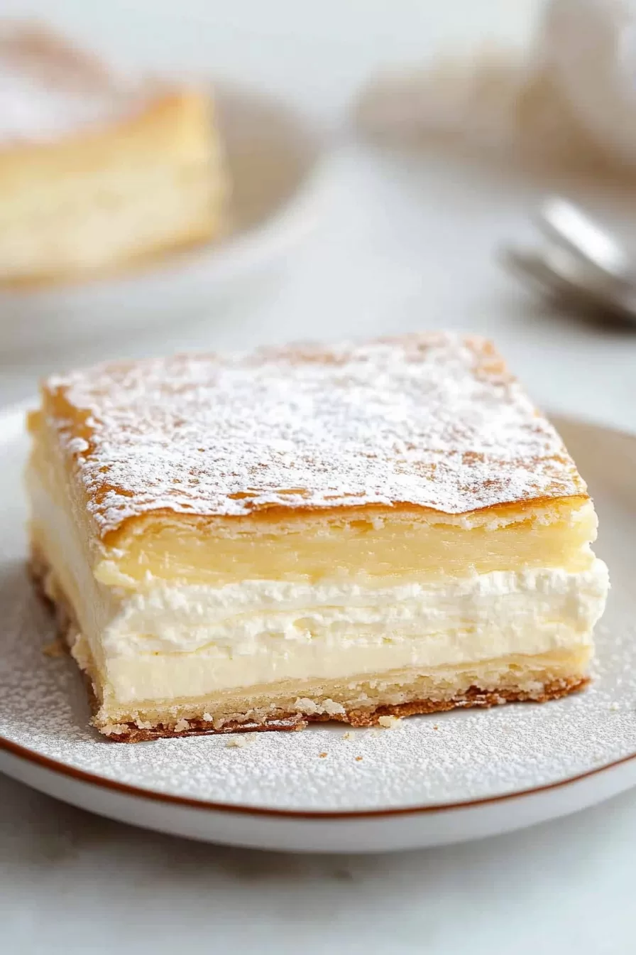 Perfectly sliced vanilla pastry squares arranged on a platter, ready to serve.