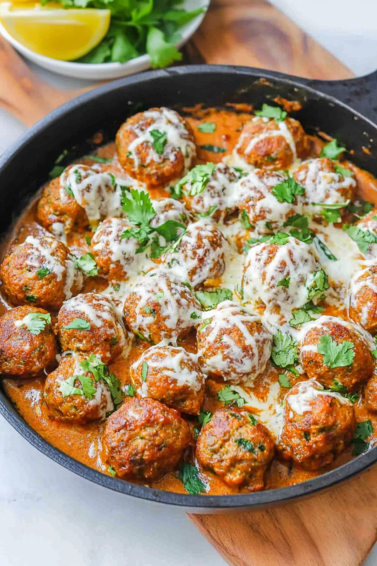 A skillet of homemade coconut curry meatballs served with a sprinkle of fresh herbs.