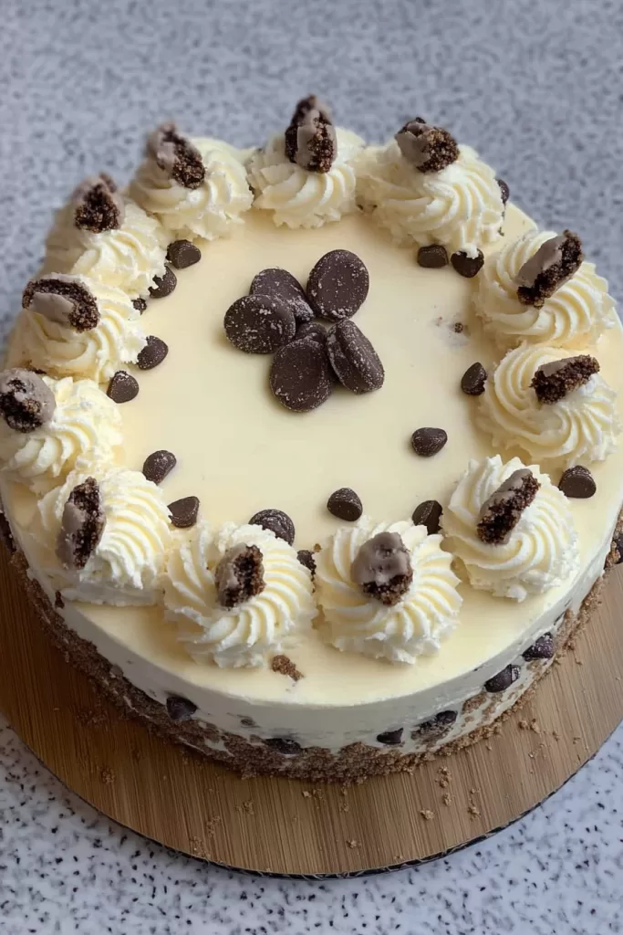 A full cheesecake with a graham cracker crust, cookie dough filling, and decorative whipped cream swirls.