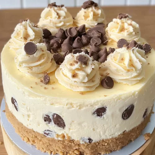 A close-up of a creamy cheesecake slice loaded with cookie dough chunks and topped with whipped cream and chocolate chips.