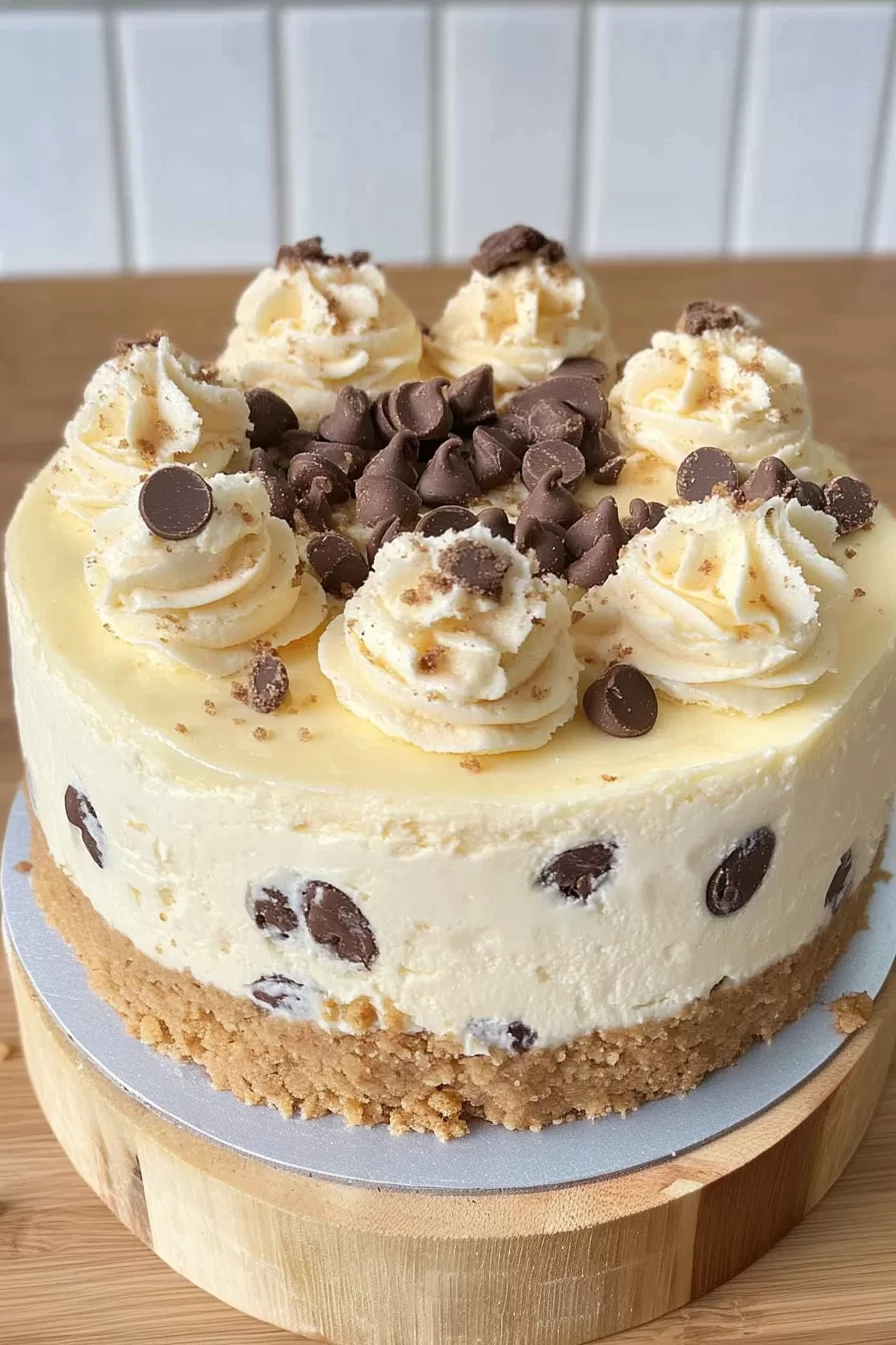 A close-up of a creamy cheesecake slice loaded with cookie dough chunks and topped with whipped cream and chocolate chips.