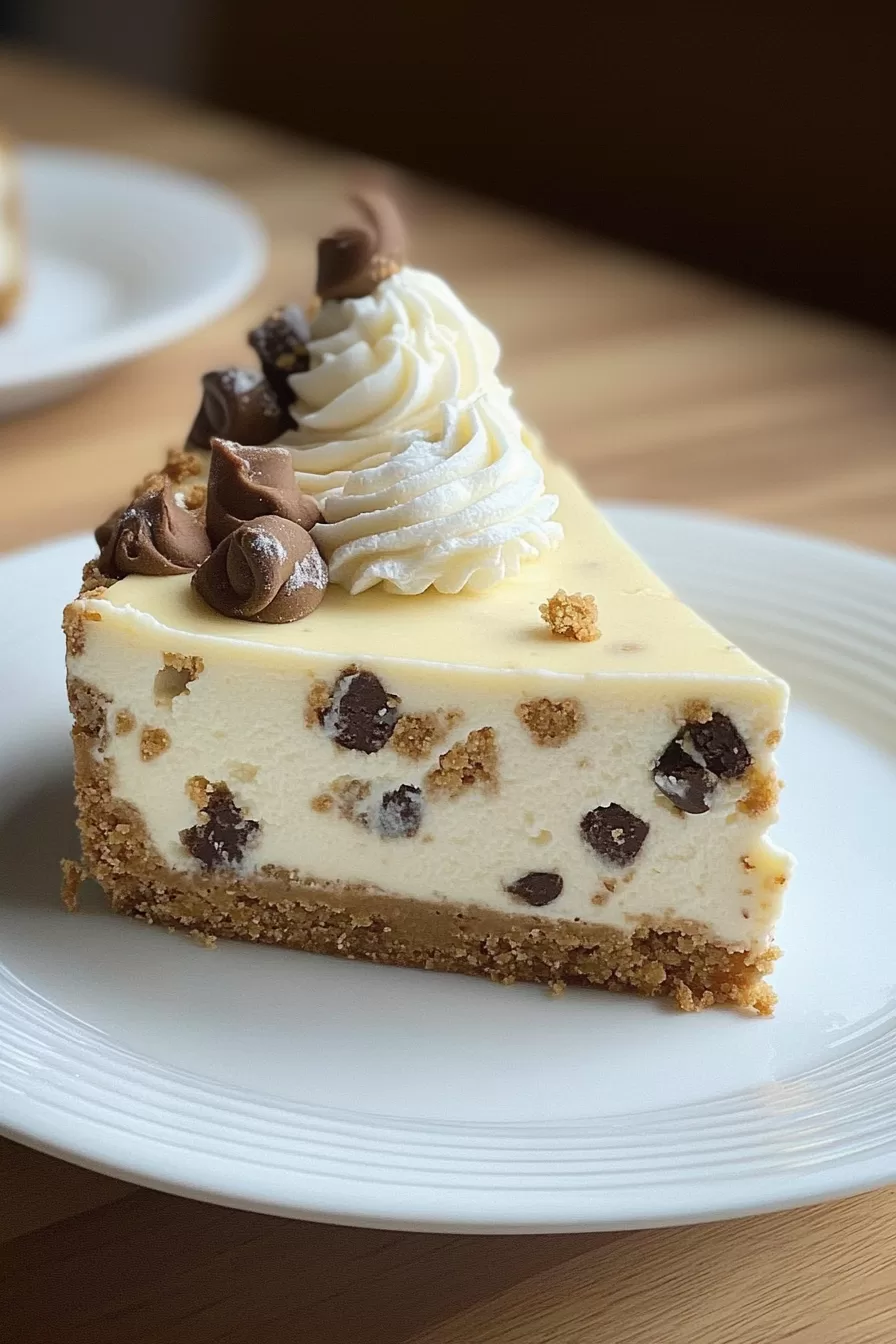 A single slice of cookie dough cheesecake highlighting the layers of crust, creamy filling, and rich toppings.