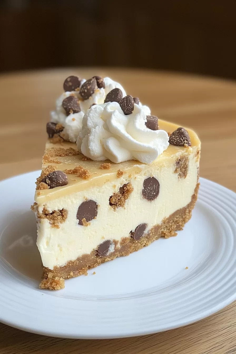 A mini cookie dough cheesecake served on a plate, showcasing its rich filling and delightful cookie dough chunks.