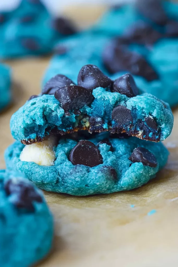 A single blue cookie with a bite taken out, showing gooey chocolate chips and a soft interior.