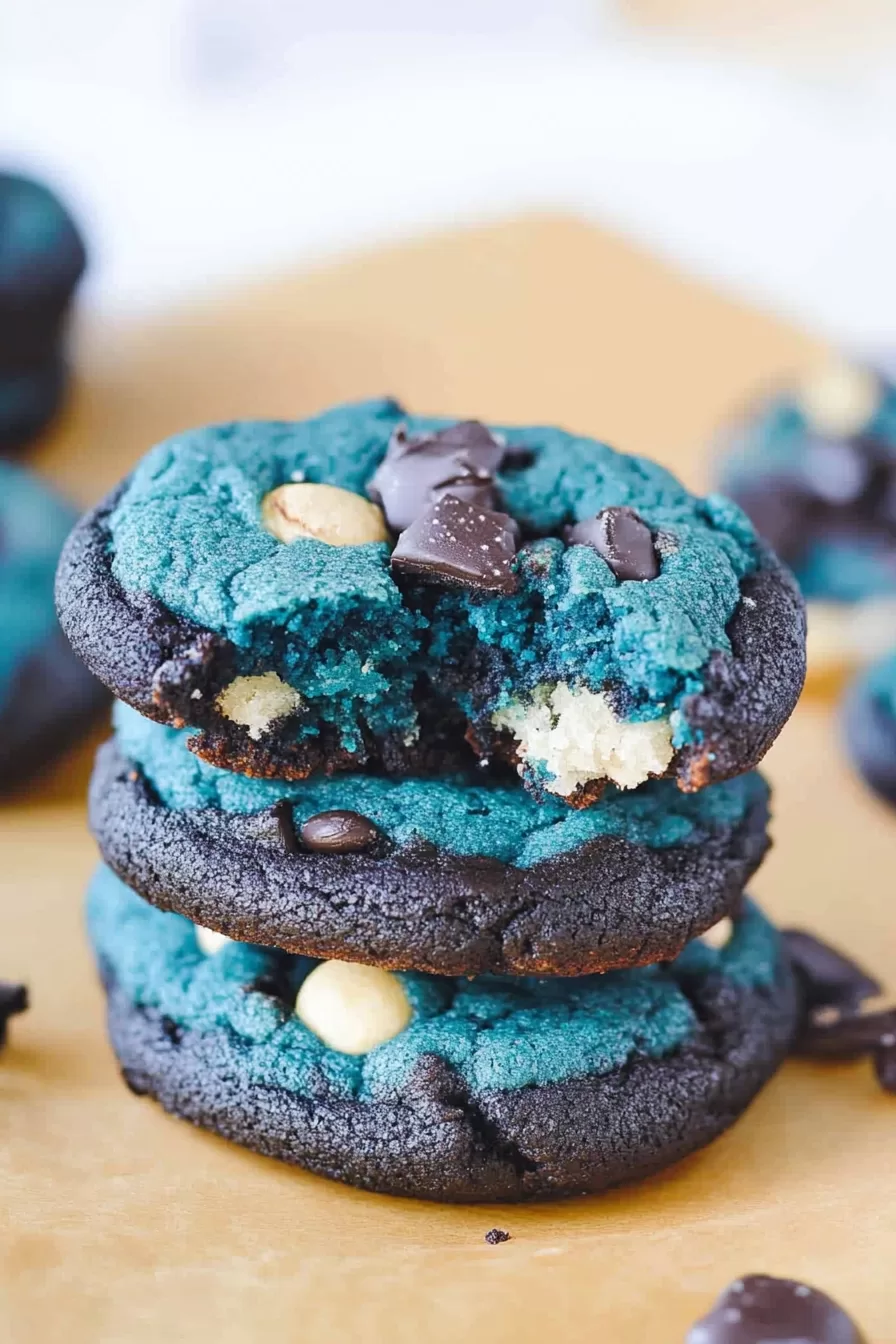 Stacked blue cookies with chunks of white and dark chocolate, creating a playful and colorful treat.