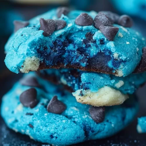 Close-up of vibrant blue cookies packed with chocolate chips, stacked and ready to be enjoyed.