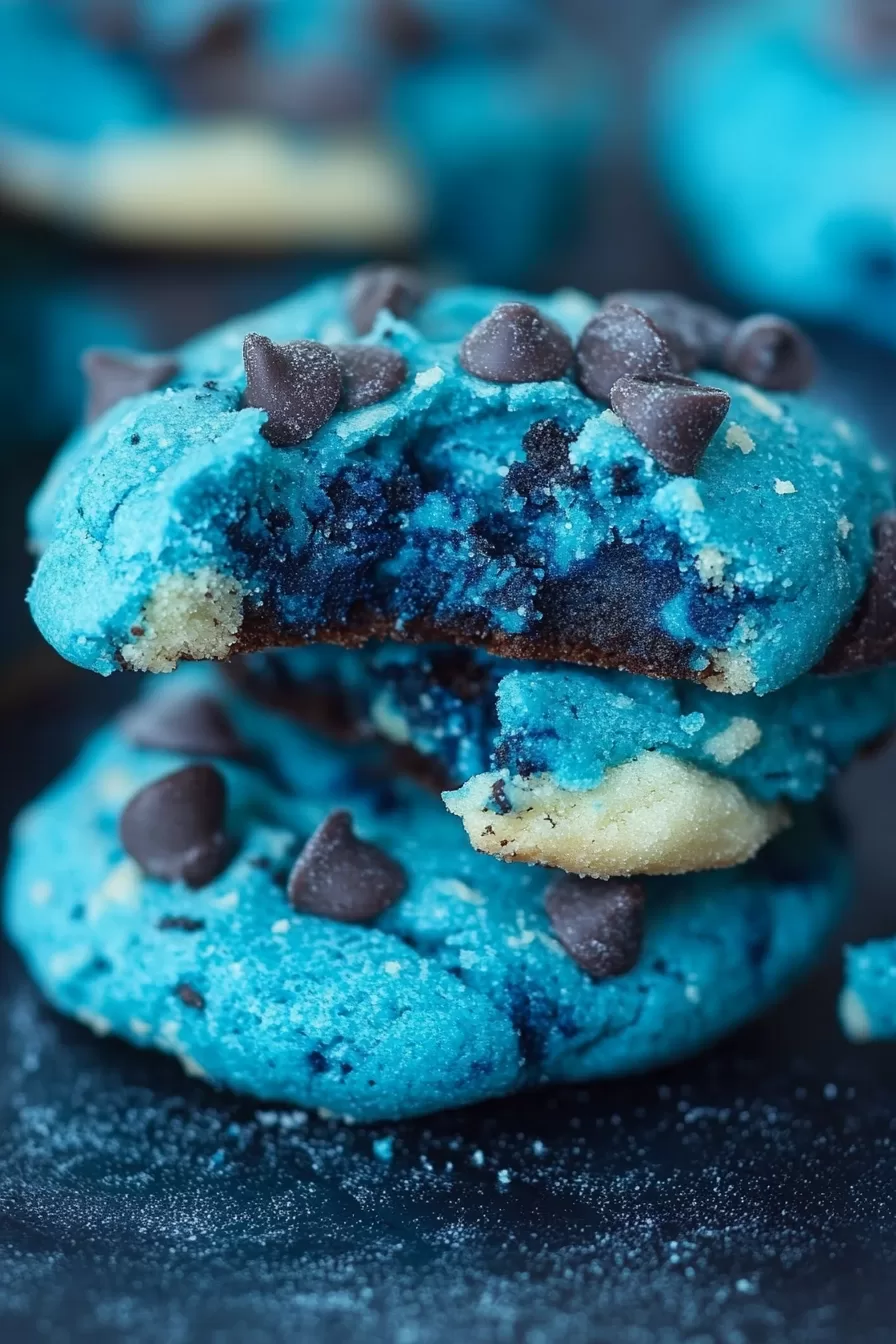 Close-up of vibrant blue cookies packed with chocolate chips, stacked and ready to be enjoyed.