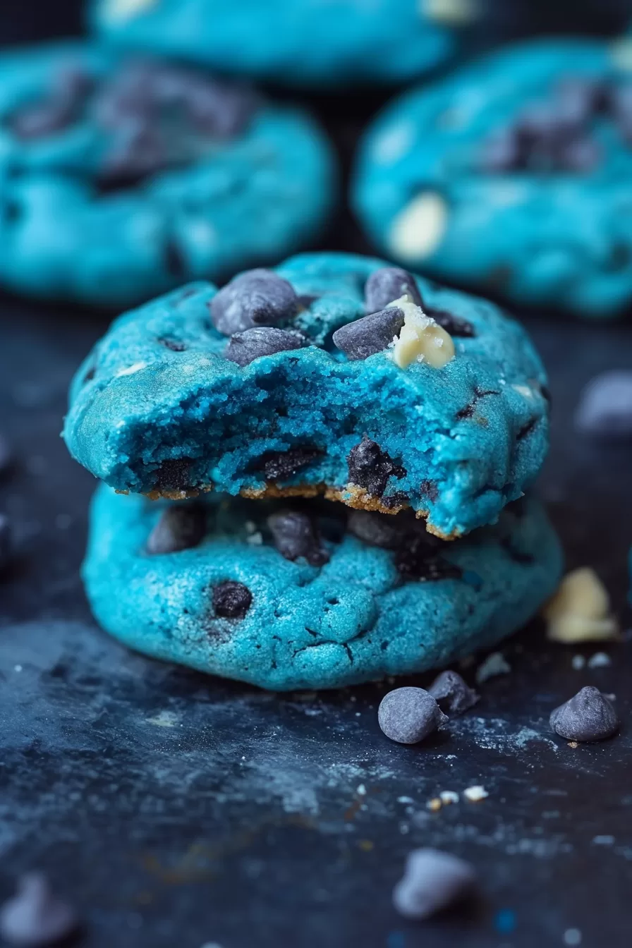 An overhead view of rich blue cookies scattered on a baking sheet, dotted with melty chocolate chips.