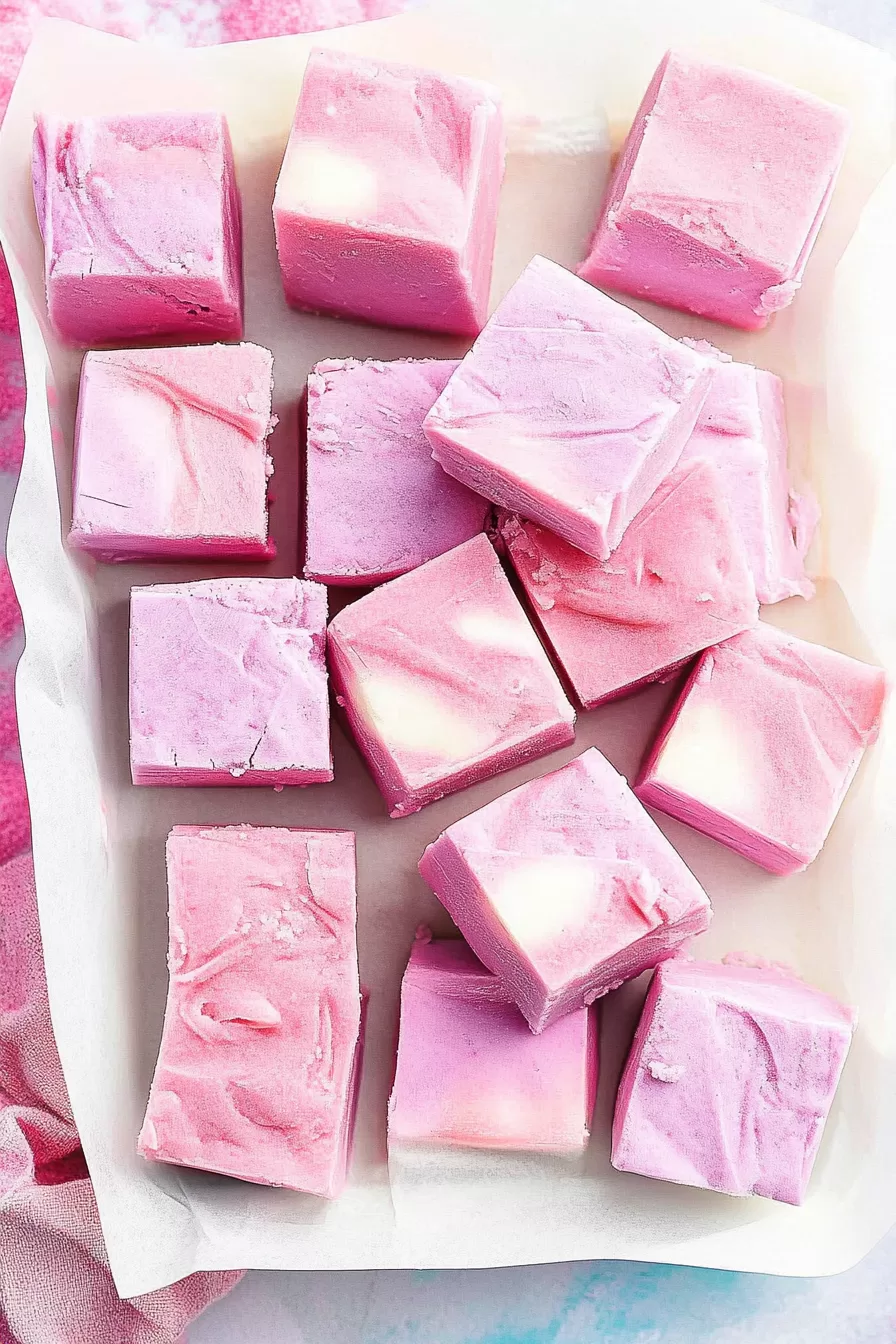 A top-down view of bright pink and lavender fudge cubes, highlighting the creamy layers and soft marbling.