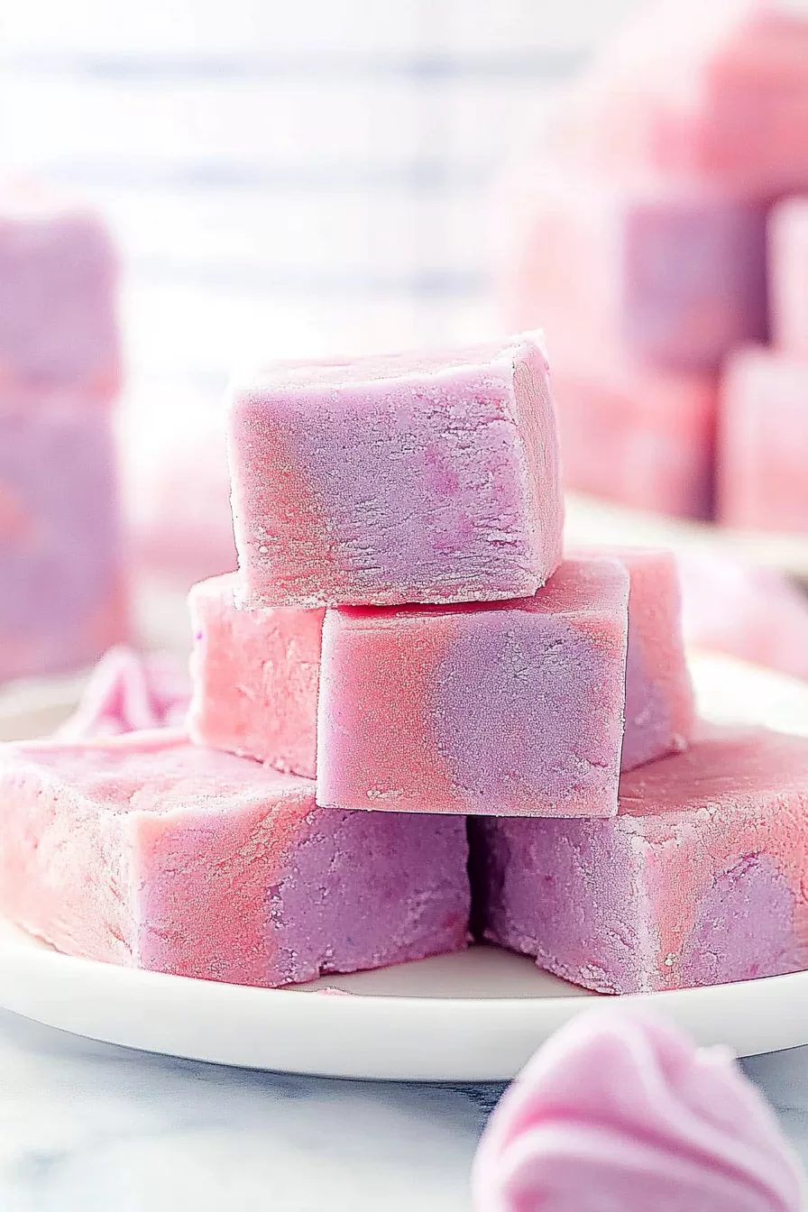 A tray of pastel pink and purple fudge squares with a marbled design, arranged neatly on parchment paper.