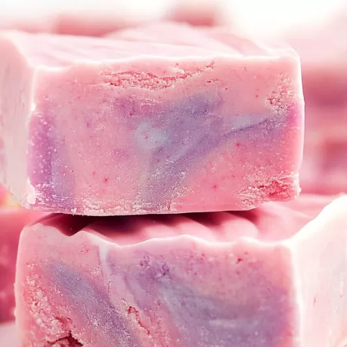 A close-up of stacked cotton candy fudge pieces, showcasing their smooth texture and swirled pastel colors.