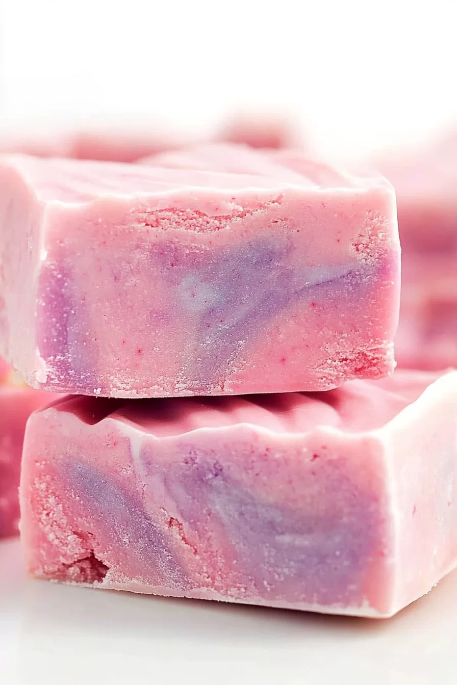 A close-up of stacked cotton candy fudge pieces, showcasing their smooth texture and swirled pastel colors.