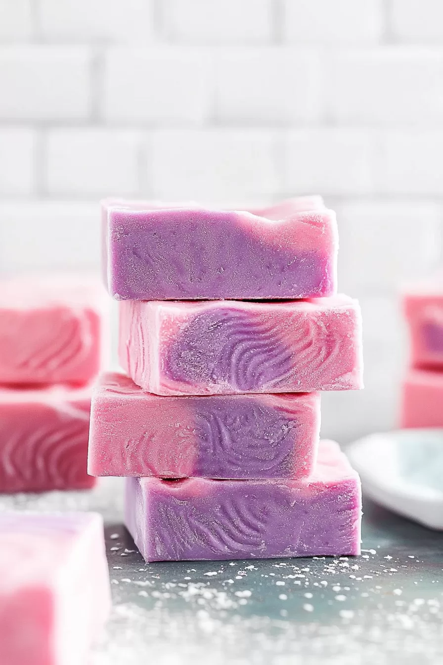 A stack of pink and purple marbled fudge, displaying intricate swirls and a smooth, glossy finish.