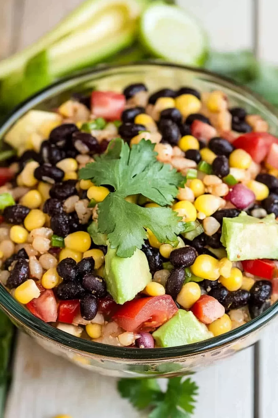 A hearty mix of beans and veggies in a glass bowl, garnished with fresh cilantro leaves.