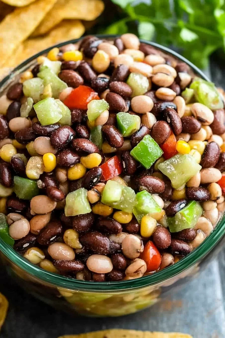 Close-up of a colorful bean salad featuring green bell peppers, tomatoes, and sweet corn.