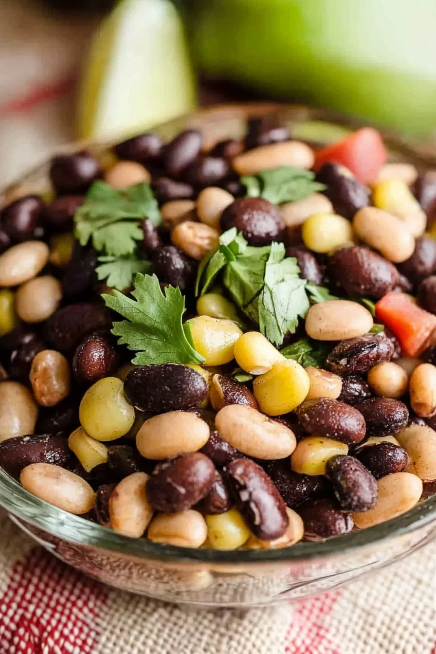 Cowboy caviar served in a bowl with a blend of beans, corn, and a hint of lime.