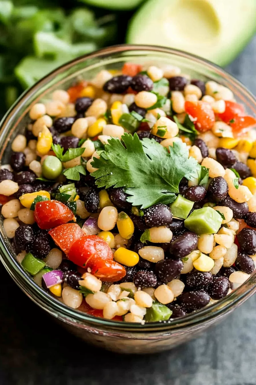 A rustic presentation of Cowboy Caviar, brimming with colorful veggies and herbs.