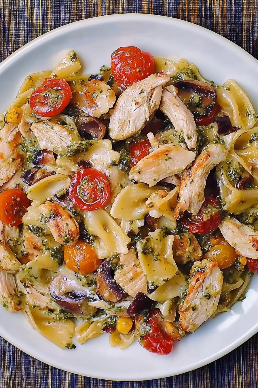 A colorful plate featuring tender chicken pieces, bow-tie pasta, and a creamy pesto sauce, garnished with cherry tomatoes.