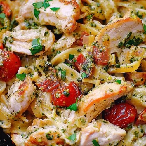 Close-up view of pasta coated in a vibrant green sauce, mixed with grilled chicken and juicy tomatoes.