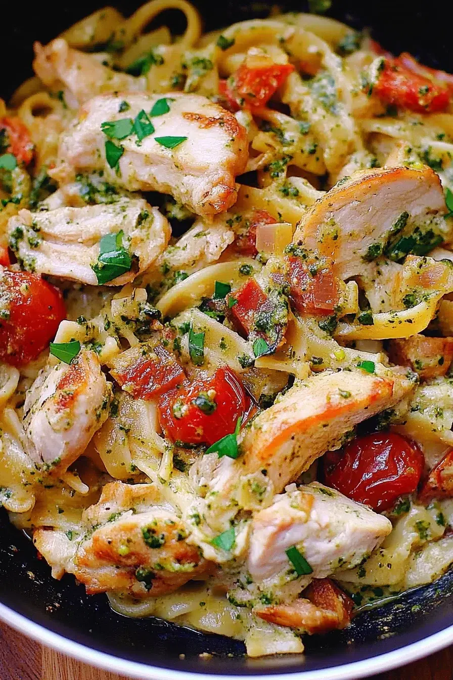 Close-up view of pasta coated in a vibrant green sauce, mixed with grilled chicken and juicy tomatoes.