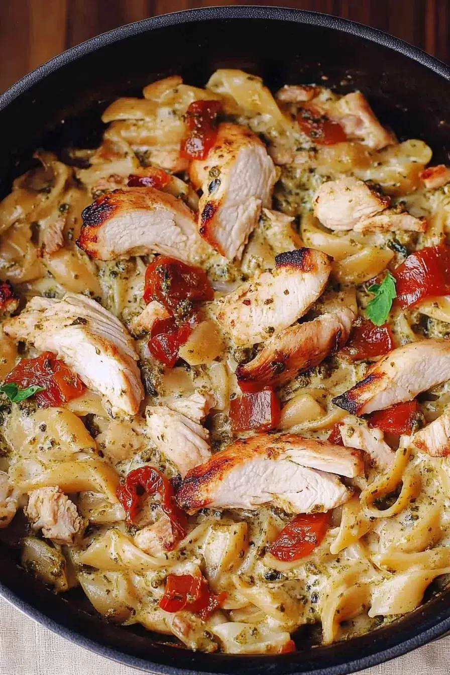 A skillet filled with creamy pasta, seared chicken slices, and a sprinkle of fresh herbs.