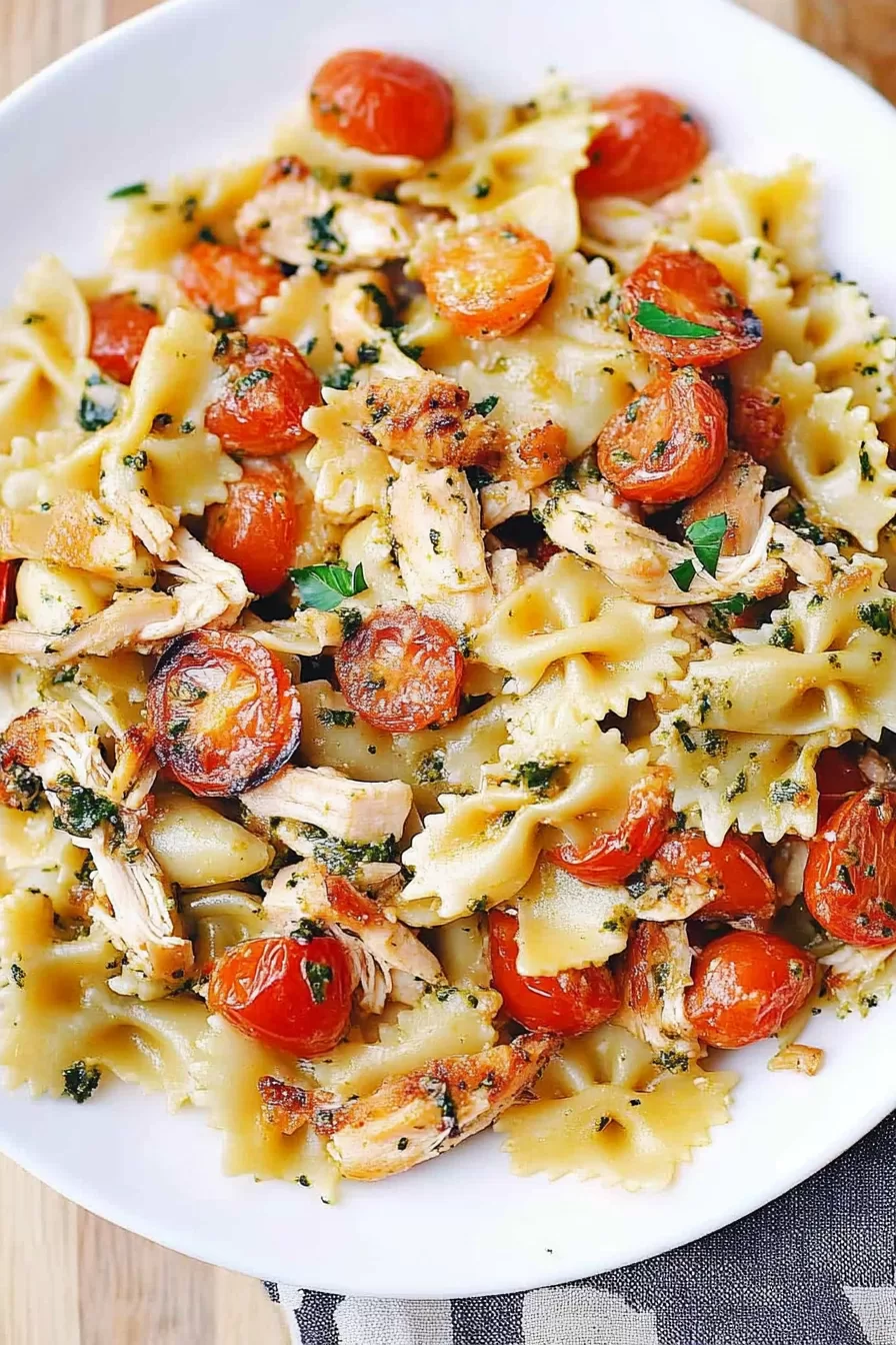 A hearty serving of pesto pasta on a white plate, with golden chicken and bright red cherry tomatoes.