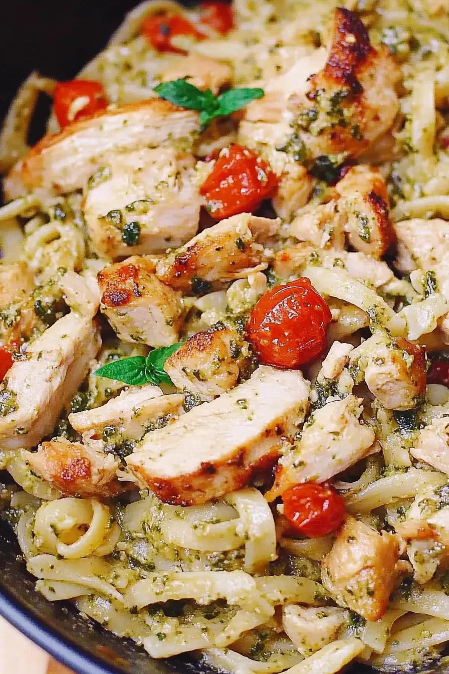 A delicious pasta dish in a pan, showcasing a rich green sauce, succulent chicken, and fresh veggies.