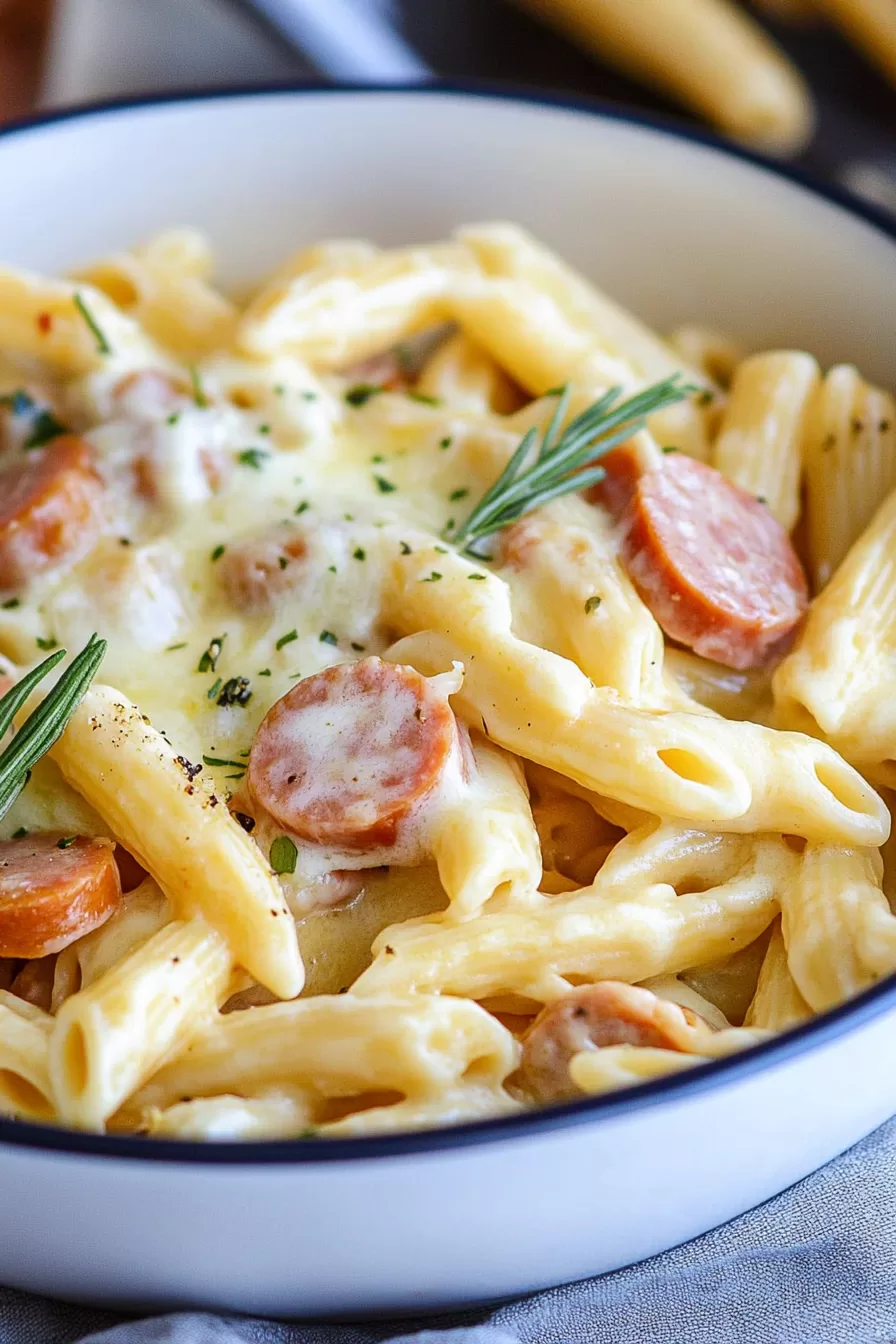 A comforting bowl of pasta smothered in a creamy sauce with smoky kielbasa slices, garnished with rosemary.