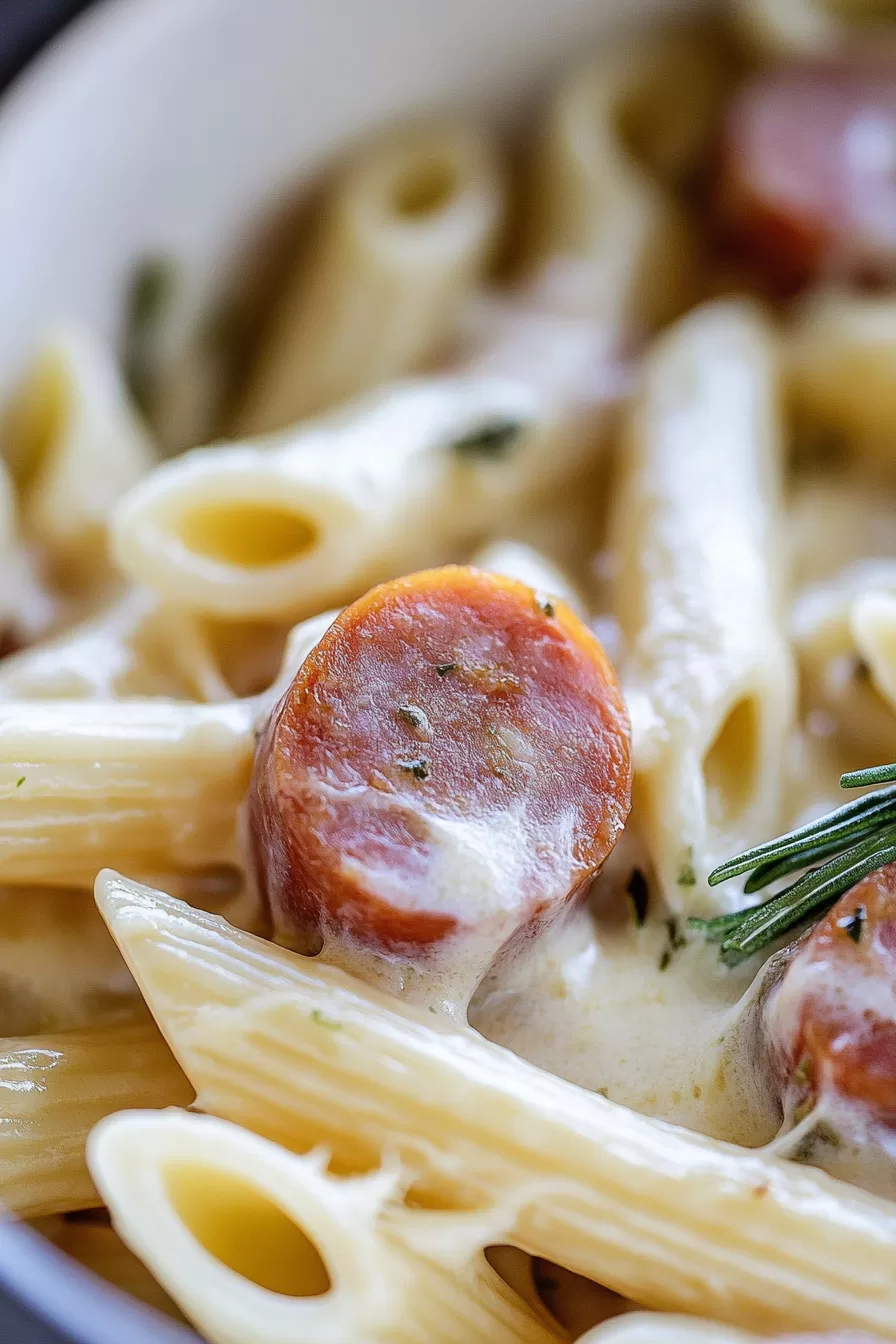 Close-up of creamy pasta with slices of savory kielbasa and a sprinkle of fresh herbs, served in a bowl.