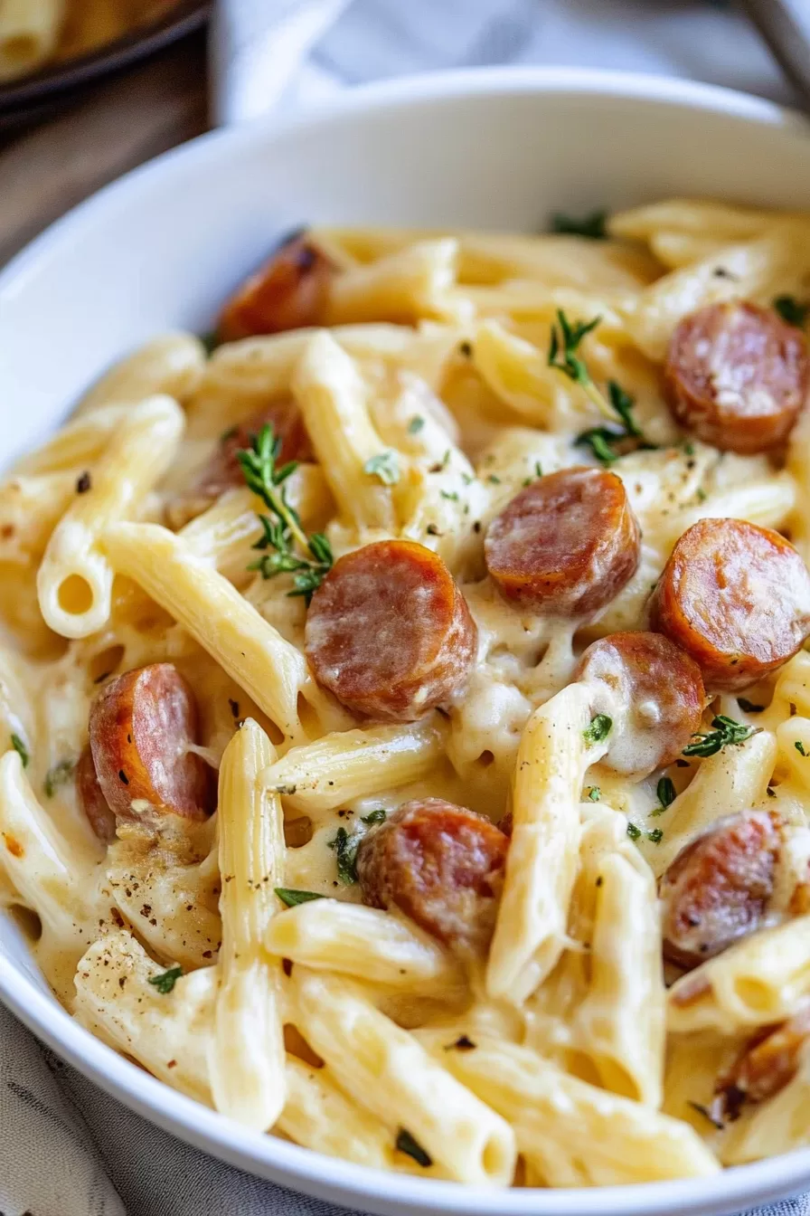 Golden-brown kielbasa atop perfectly cooked penne pasta, coated in a rich, cheesy sauce.