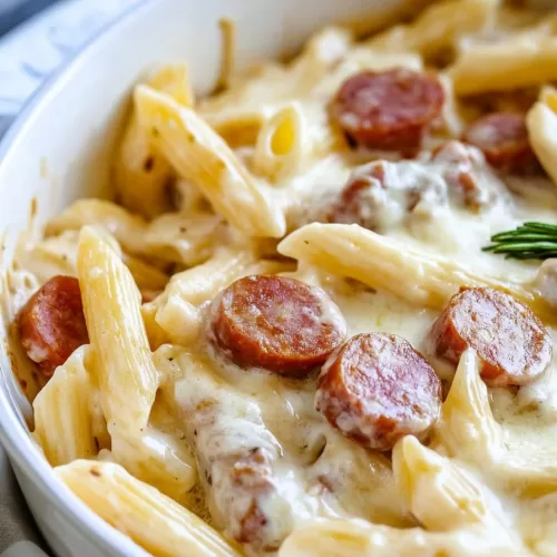 Freshly baked creamy kielbasa pasta casserole, bubbling with melted cheese and herbs.