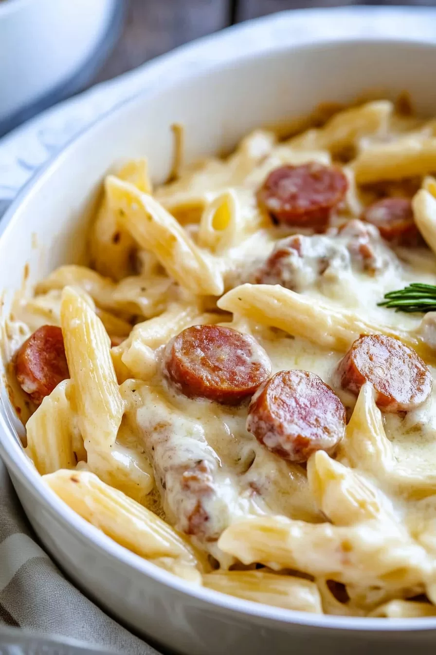 Freshly baked creamy kielbasa pasta casserole, bubbling with melted cheese and herbs.