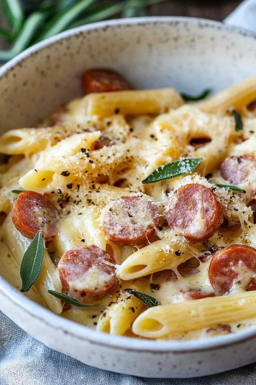 A serving of creamy pasta with kielbasa, garnished with fresh sage and black pepper, in a rustic bowl.