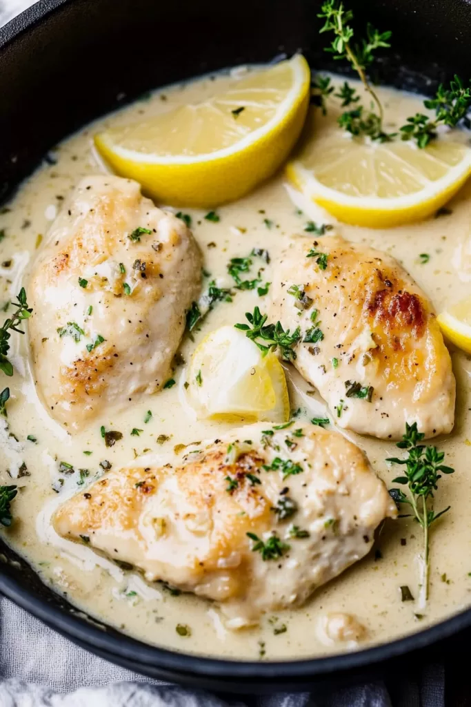 A skillet filled with golden-brown chicken breasts simmered in a rich, creamy lemon sauce, garnished with fresh thyme and lemon wedges.