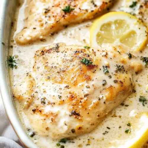 Close-up of tender chicken in a silky lemon cream sauce, topped with vibrant herbs and served in a pan.