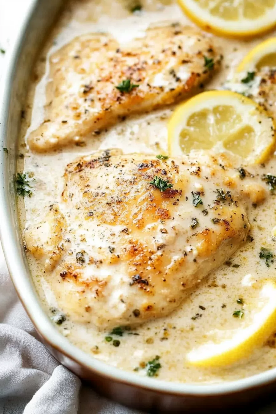 Close-up of tender chicken in a silky lemon cream sauce, topped with vibrant herbs and served in a pan.