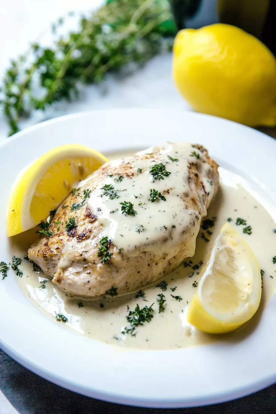 Plate of juicy chicken breast drenched in creamy lemon sauce, paired with a slice of fresh lemon for garnish.