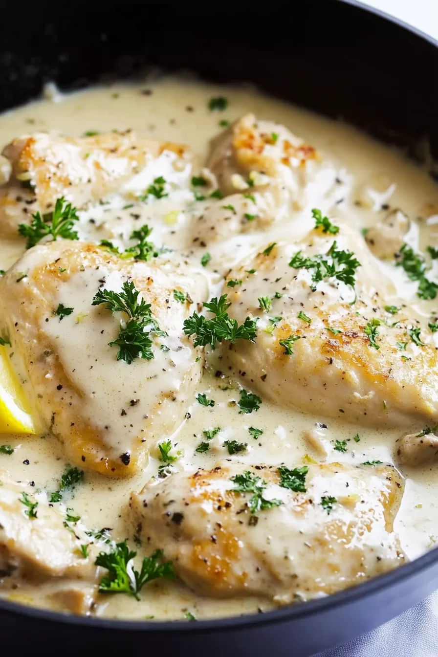 Creamy lemon chicken served in a cast-iron skillet, accented with lemon slices and fresh sprigs of thyme for an elegant presentation.