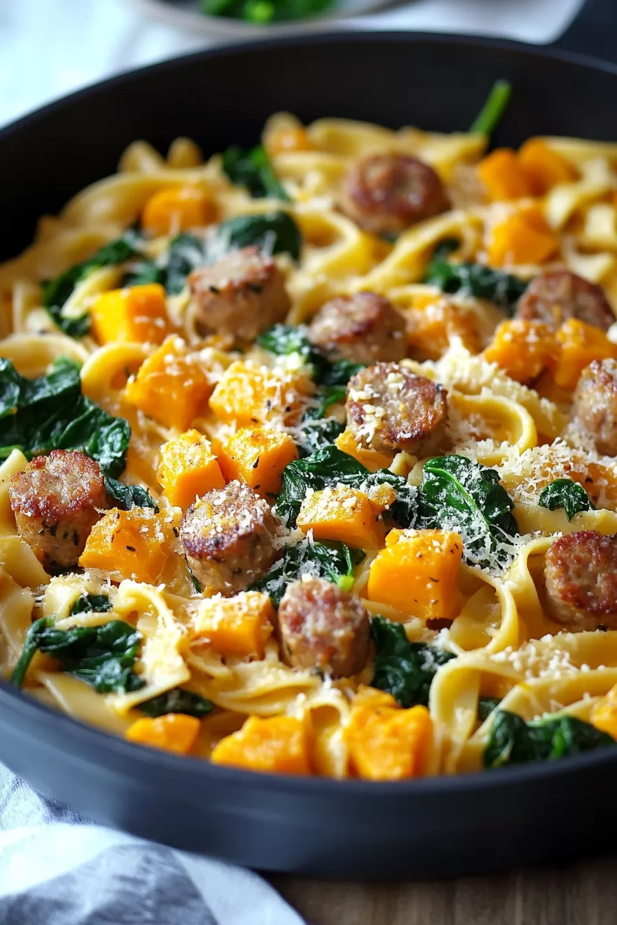 Close-up of a skillet filled with colorful roasted butternut squash pasta, garnished with sausage slices and fresh spinach leaves.