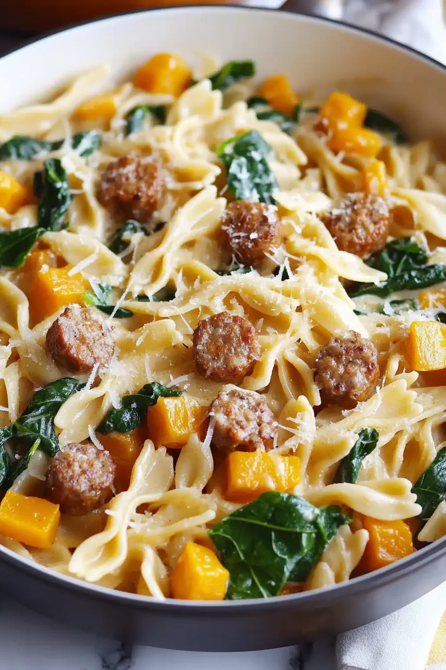 A creamy pasta dish with golden cubes of butternut squash, tender sausage pieces, and a sprinkle of grated Parmesan cheese.